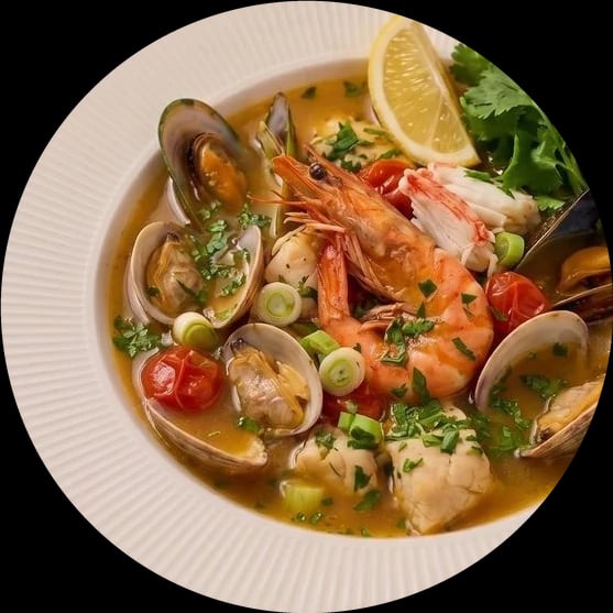 Consomé de mariscos de Delfines con Amor